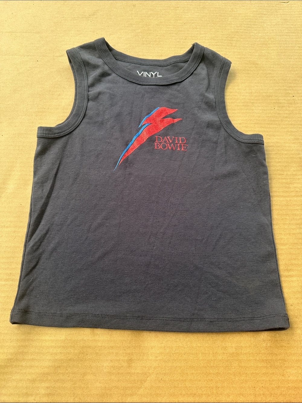Vinyl Black Sleeveless Crop Tank with Red & Blue Lightning Graphic